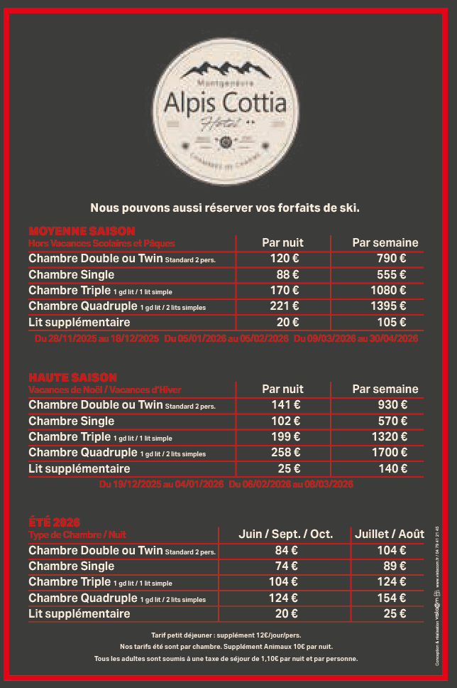 Le Graal_Montgenevre_ Tarifs hôtel Alpis Cottia_2026